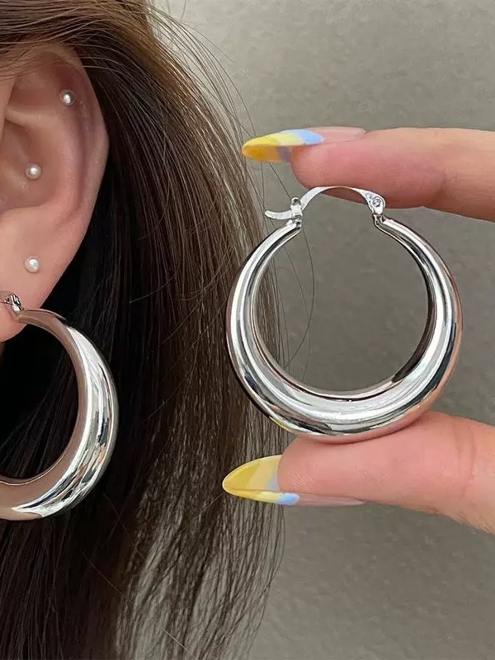 Silver Tone Chunky Hoop Earrings 3.5cm with 925 Sterling Silver Posts